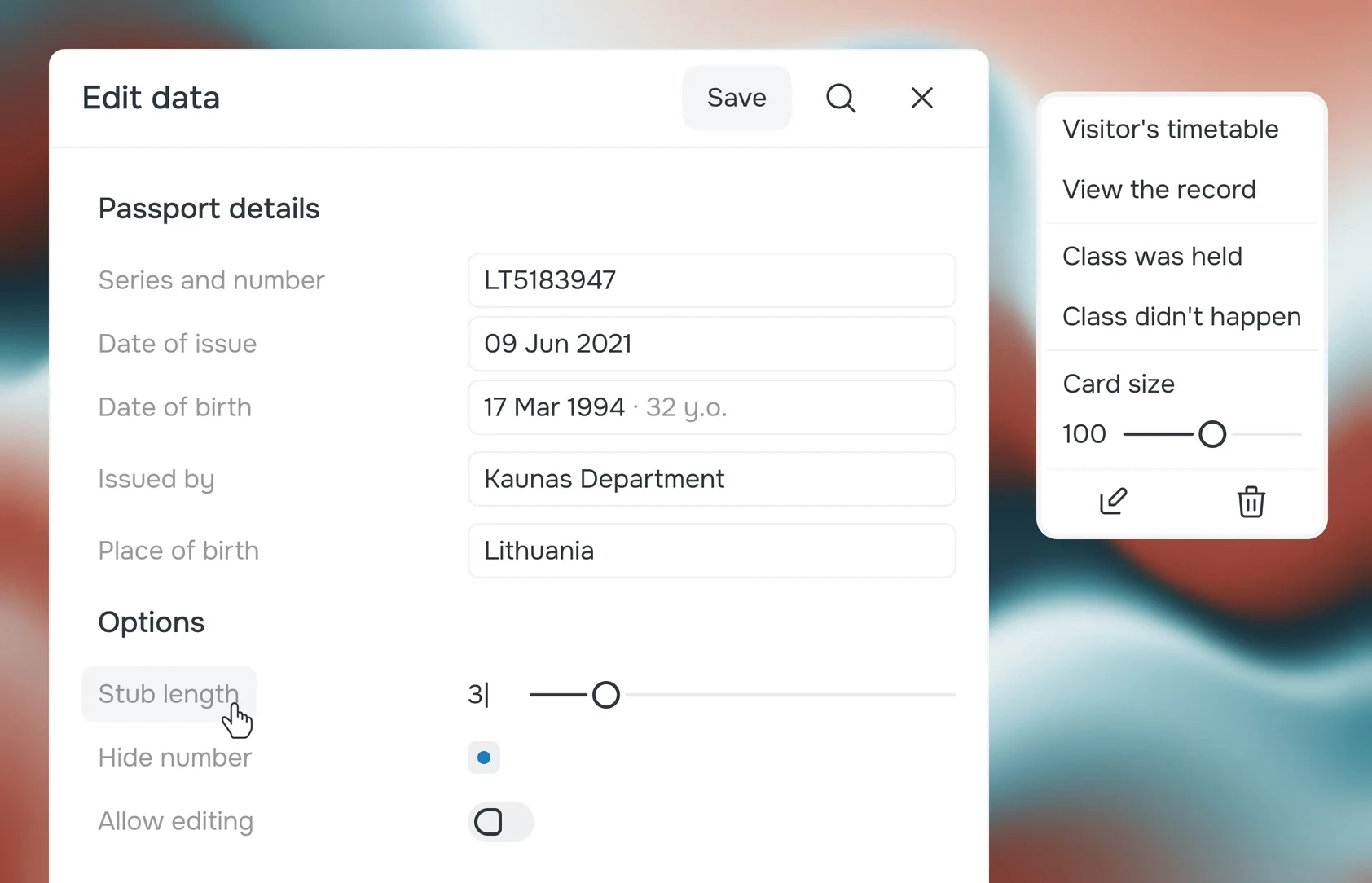 The booking menu next to the patient's data