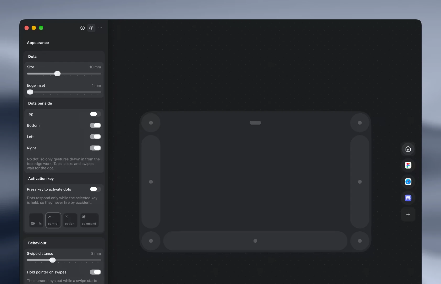 Settings with the top side turned off